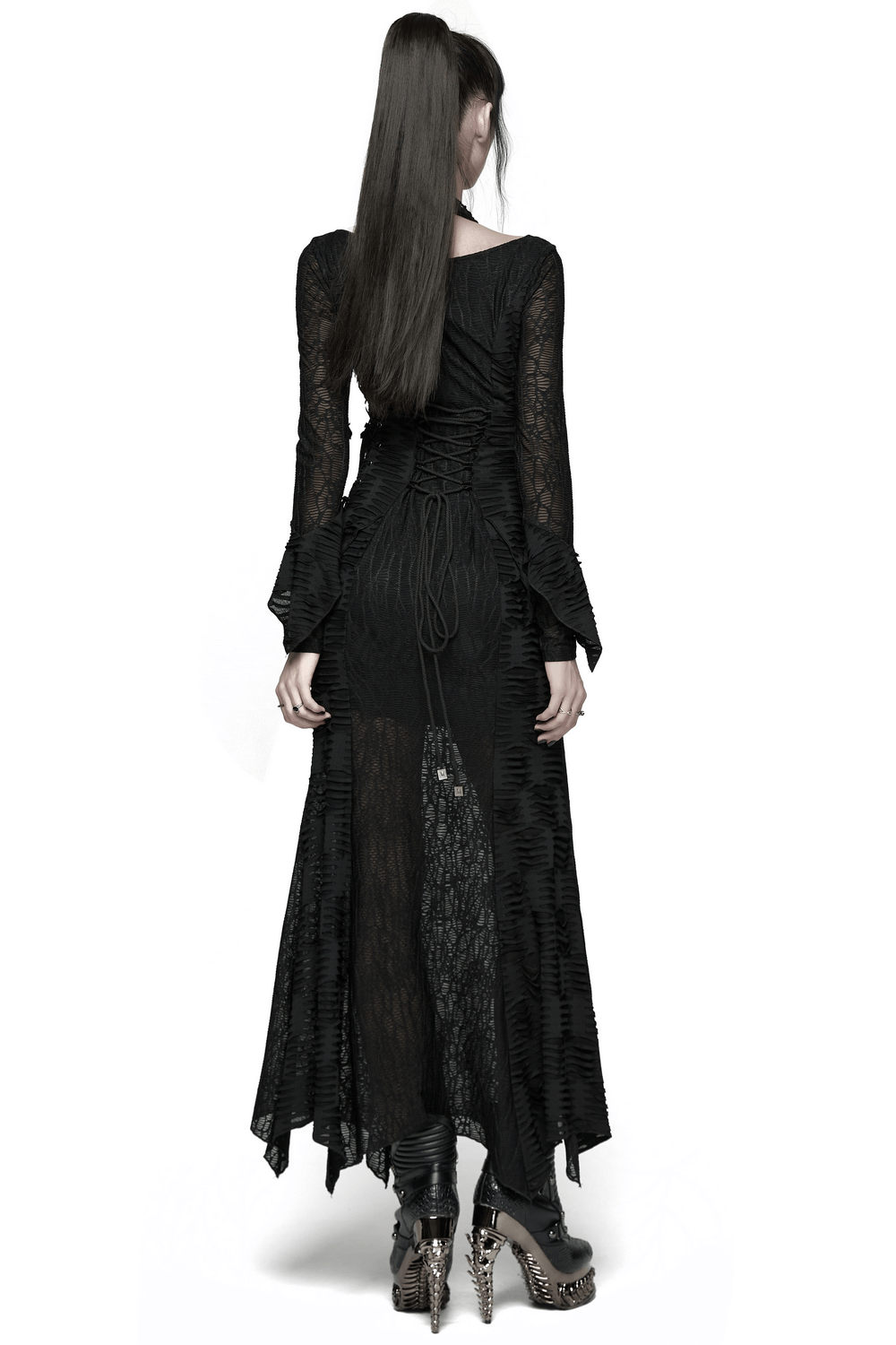 Gothic Ragged Knit Mesh Dress with Fish-tail Hem featuring a unique halterneck and striking silhouette from the back.