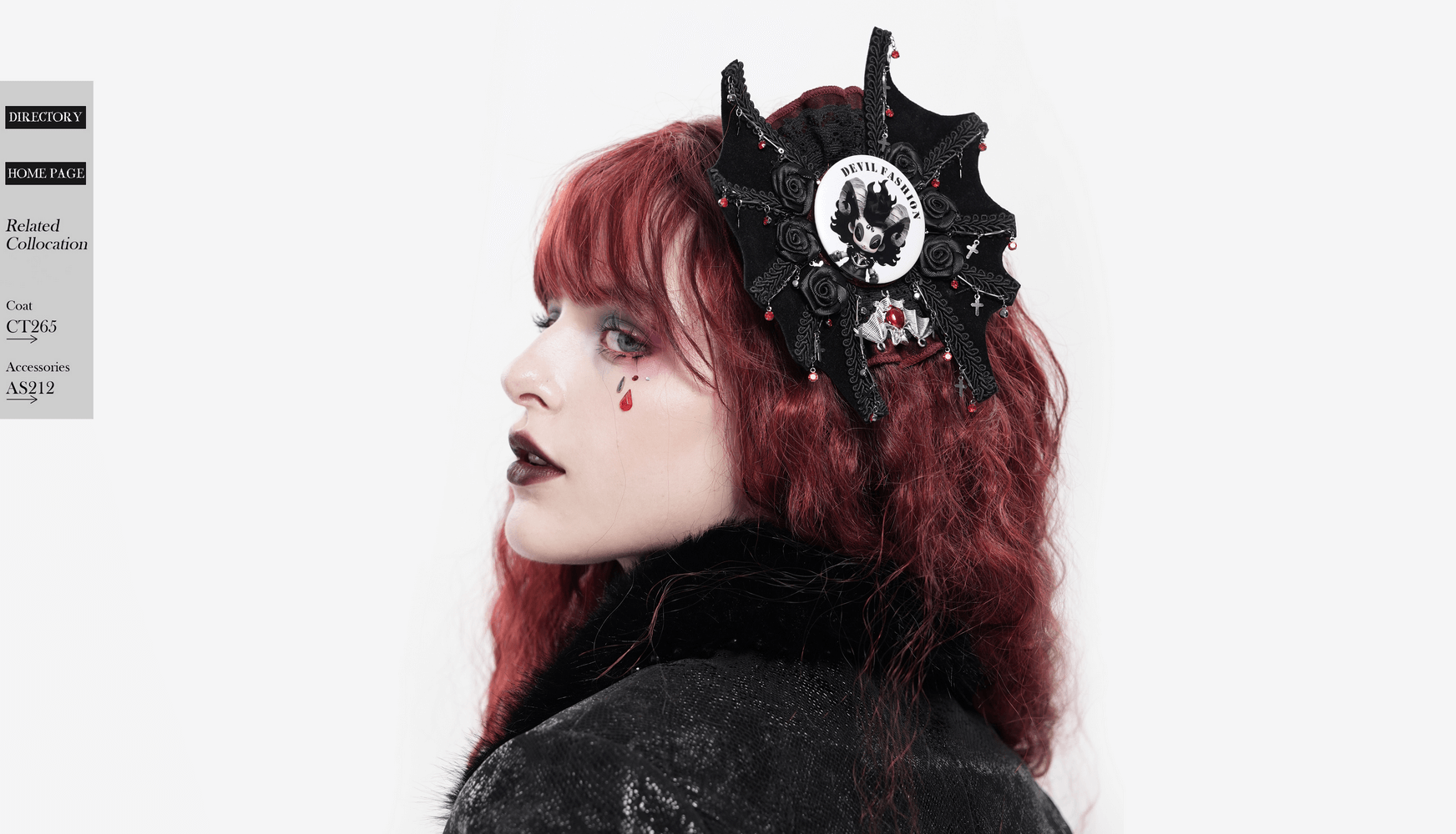Gothic fashion model showcases dramatic black hair accessory with spiderweb design, perfect for alternative styles.