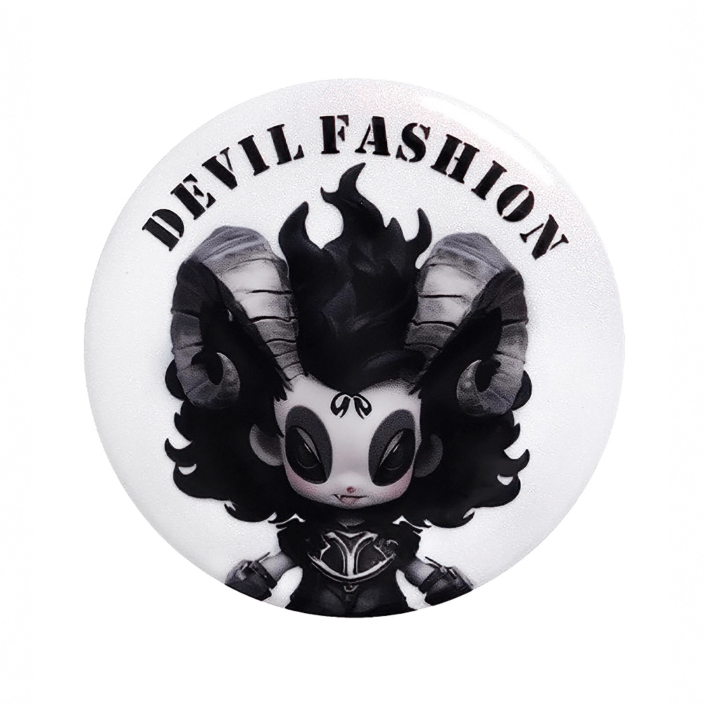 Gothic ram horn cartoon brooch pin with 'Devil Fashion' text for alternative and punk styles.