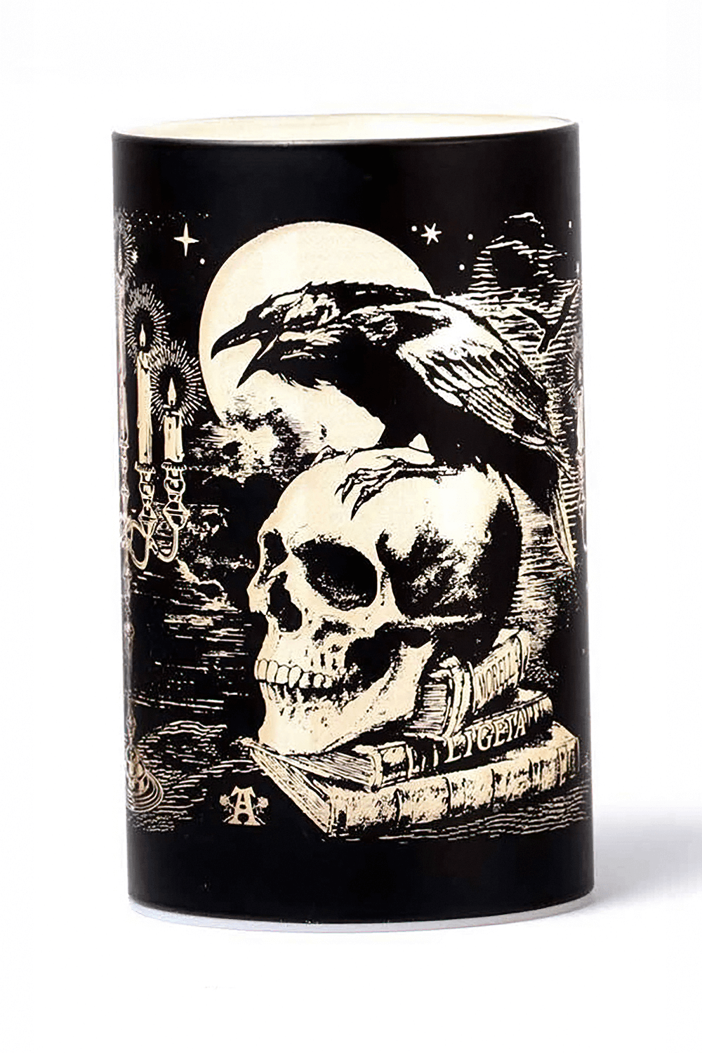 Gothic LED candle lantern featuring a raven on a skull with etched glass and eerie moon design.