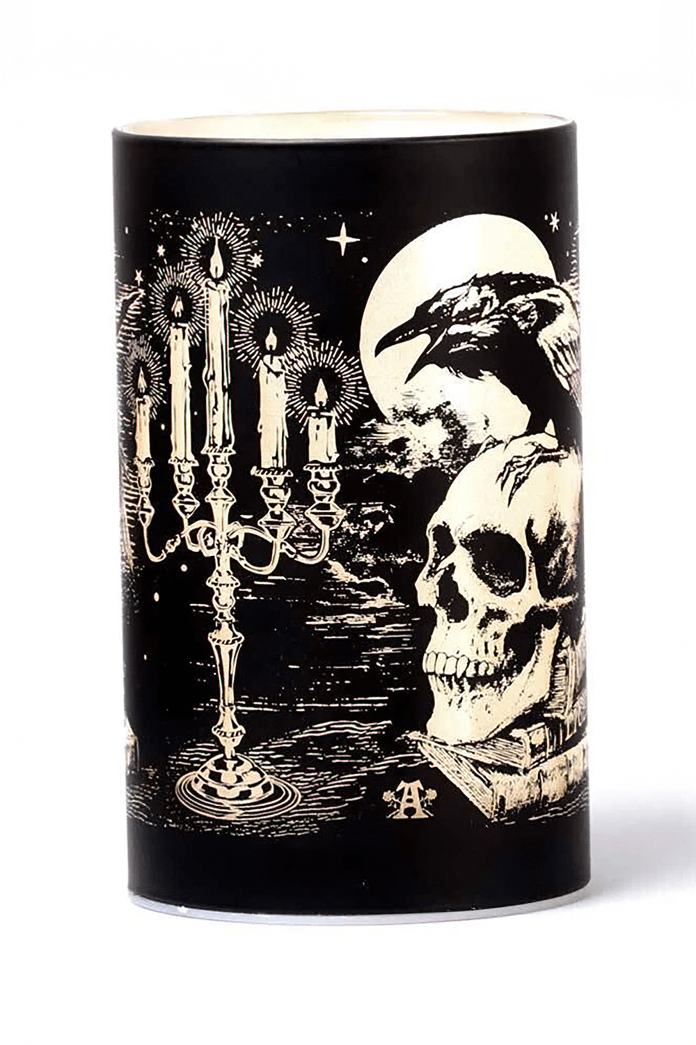 Gothic raven and skull LED candle lantern with etched glass design, evoking Edgar Allan Poe’s haunting essence.