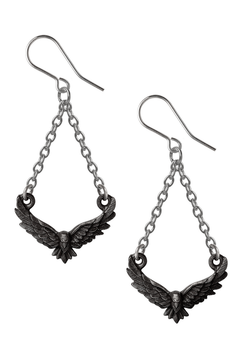 Gothic raven drop earrings with intricate chain detailing, perfect for dark, mysterious styles.