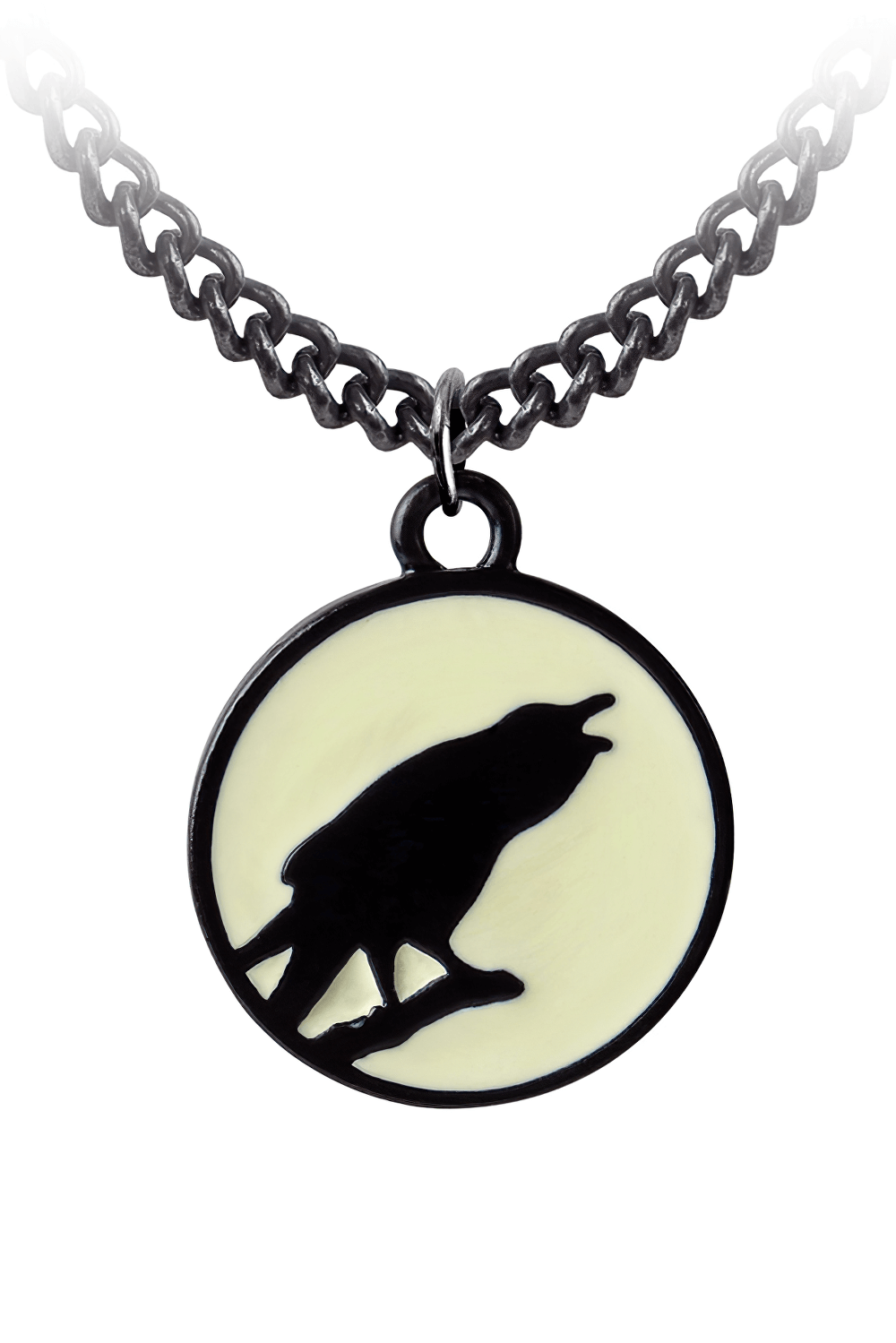 Gothic Raven Pendant with Moon Glow Medallion featuring a raven silhouette against a luminous moon background.