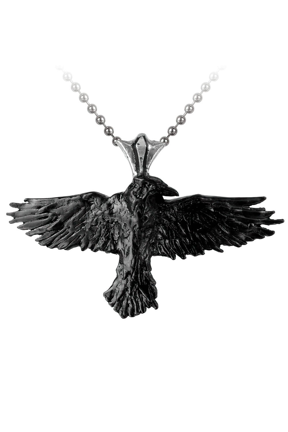 Gothic black raven pendant with polished bail on a beaded chain, embodying dark fantasy and mystery.