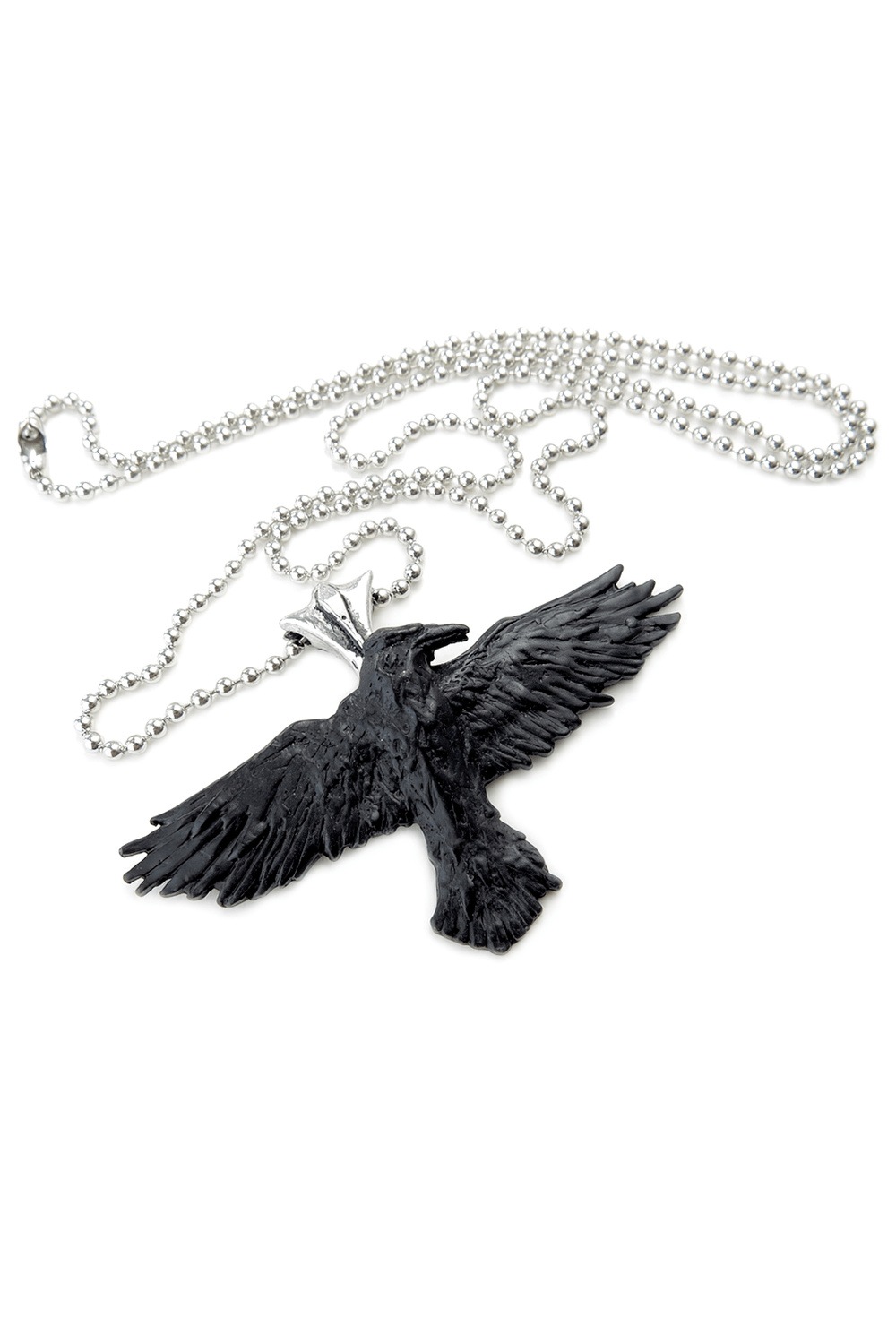 Gothic black raven pendant on polished bail chain, perfect for dark fantasy and alternative fashion lovers.