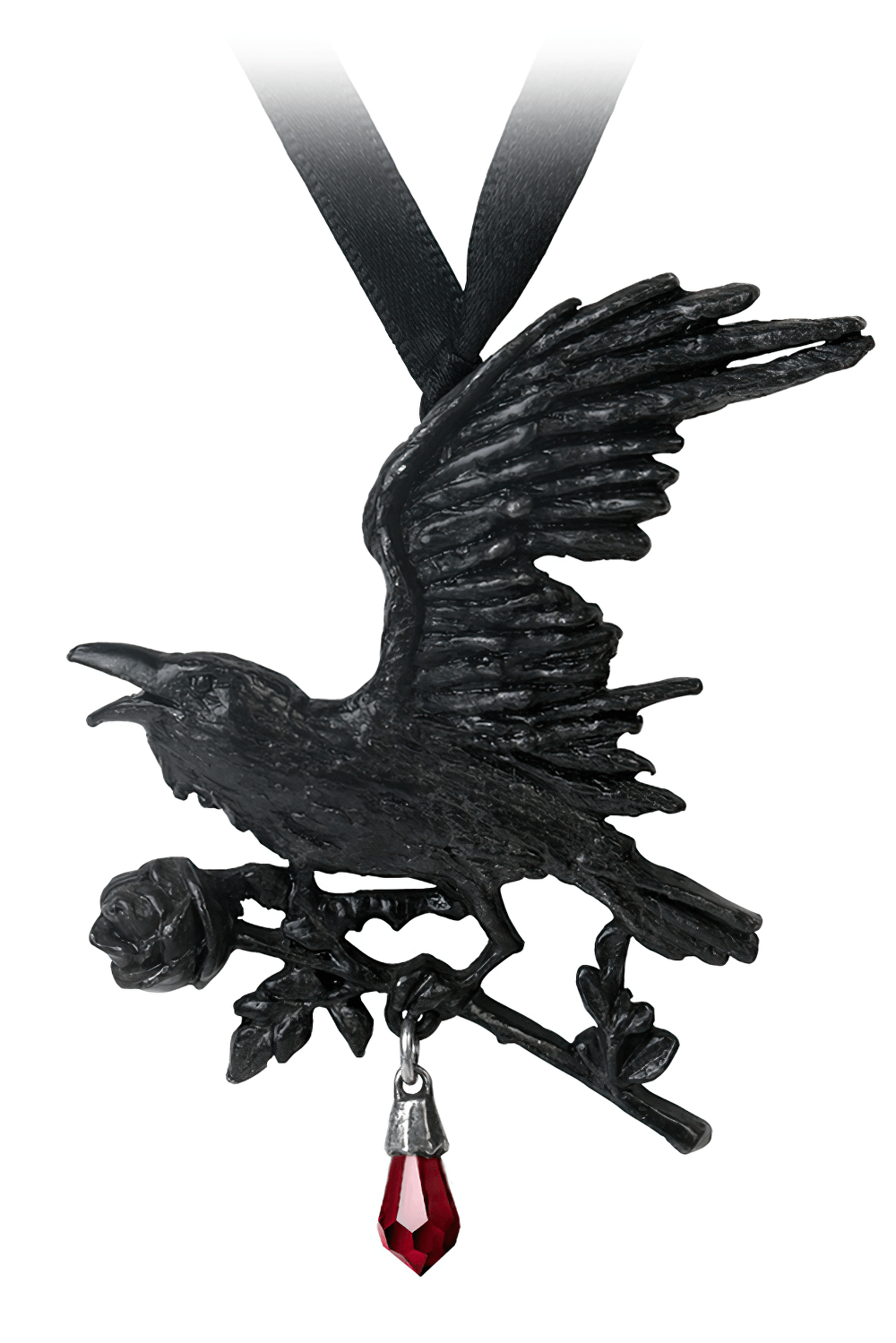 Gothic Raven Rose Pendant with Red Crystal Drop showcasing a raven in flight clutching a black rose and red crystal.