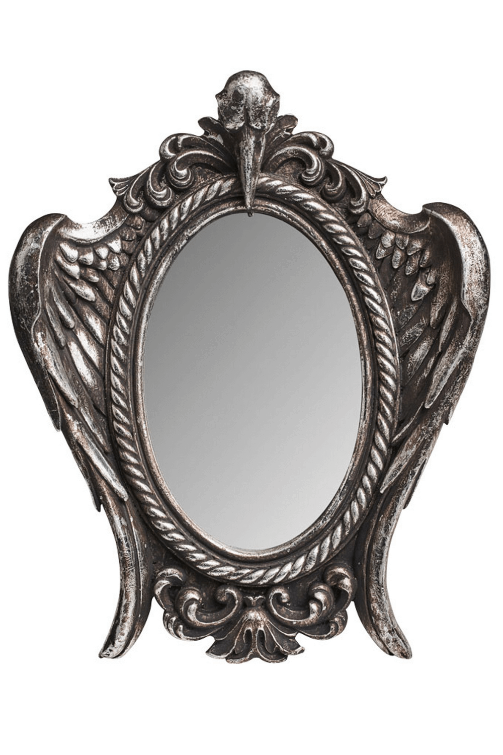 Gothic raven skull mirror with outstretched wings in ornate silver frame, perfect for dark romantic decor.