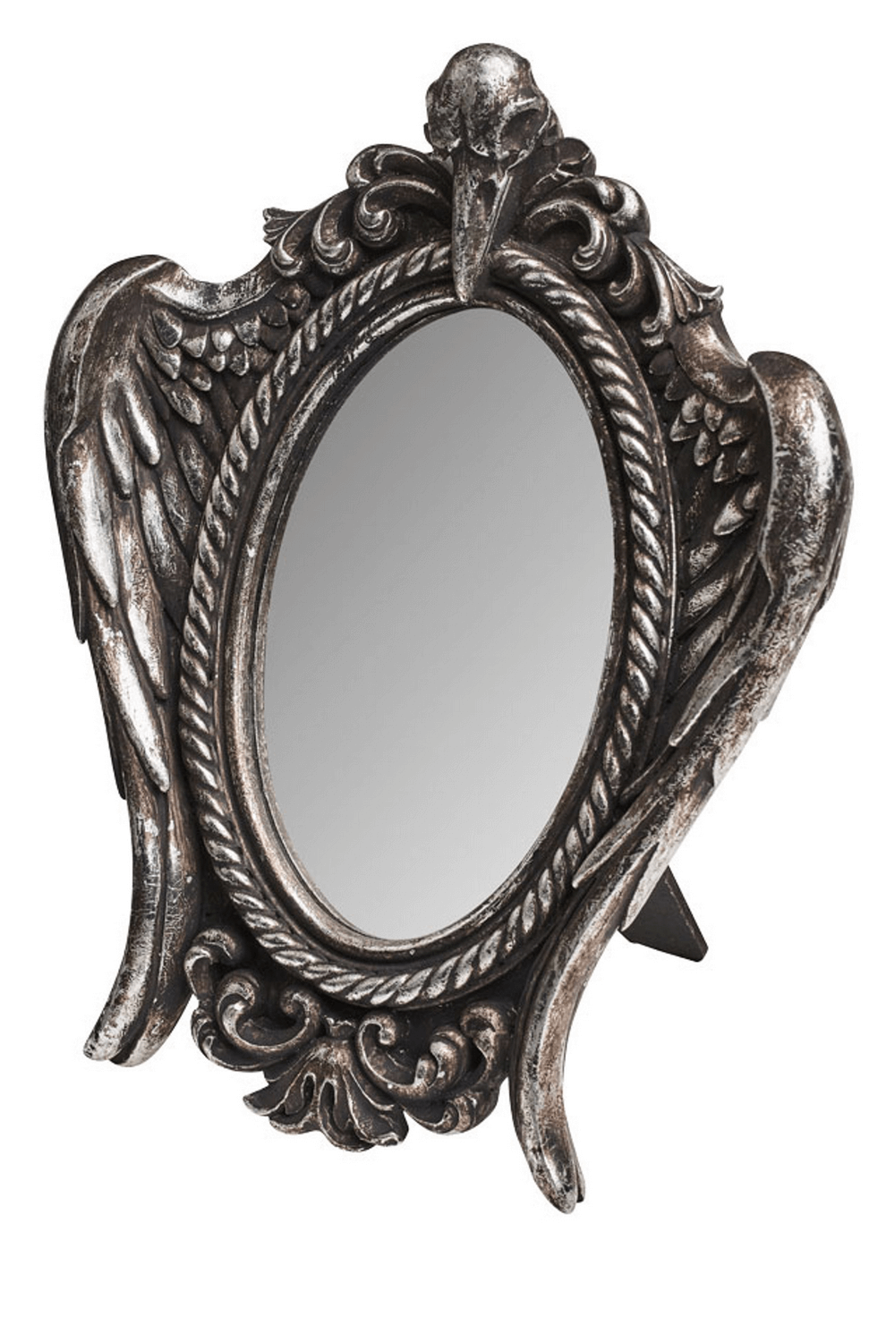 Gothic raven skull and winged mirror in antique silver frame for dark romantic decor.