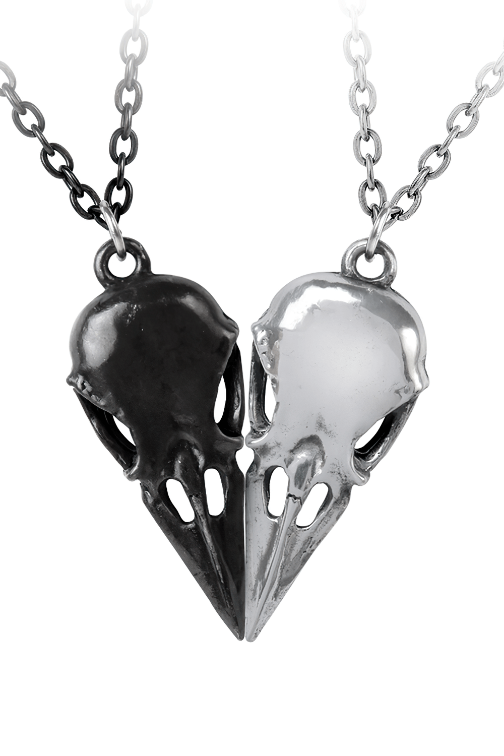 Gothic raven skull double pendant with black and silver chains, forming a heart shape, perfect for dark style lovers.
