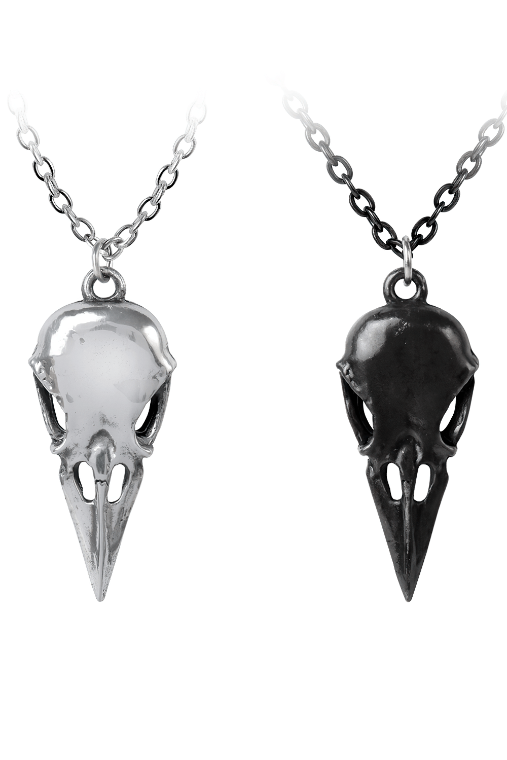 Gothic raven skull double pendant necklace with polished pewter and black skulls on dual chains.