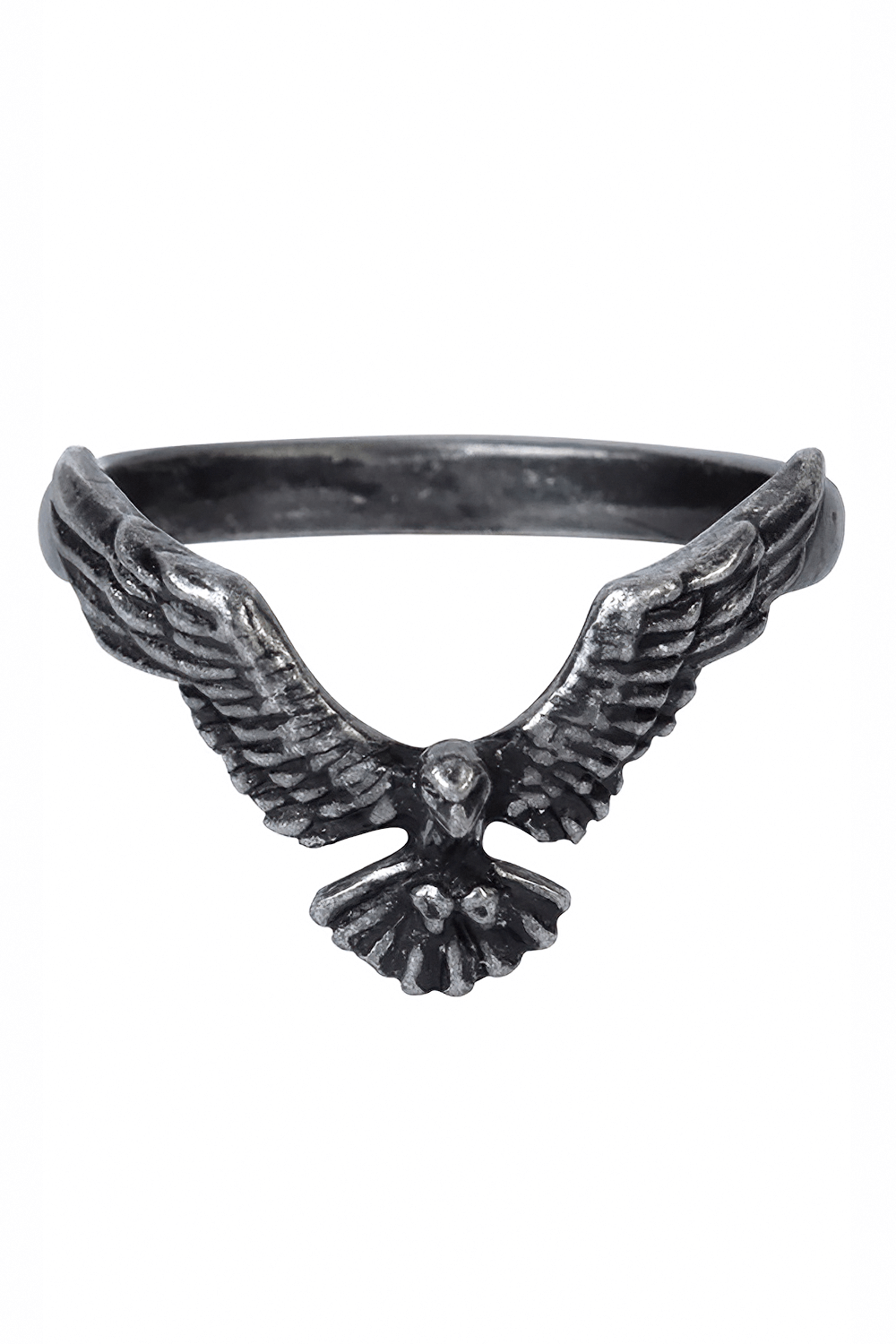 Gothic Ravenette Ring with a flying raven design, crafted from fine English pewter for dark elegance.