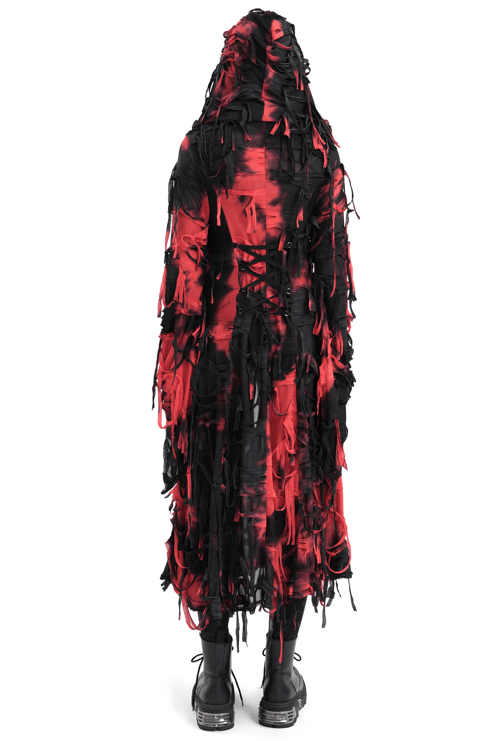 Dark alternative Gothic red and black hooded long cape with a shredded design, perfect for cosplay or bold fashion statements.