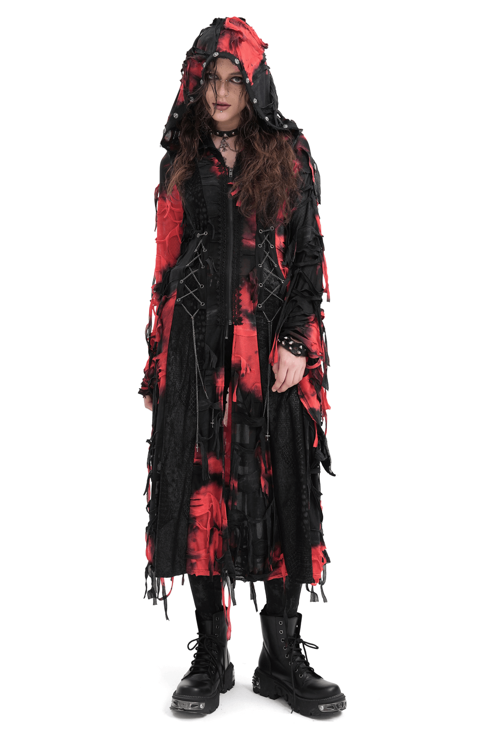 Gothic red and black hooded shredded cape, perfect for dark fashion and cosplay, with dramatic long silhouette and tattered details.