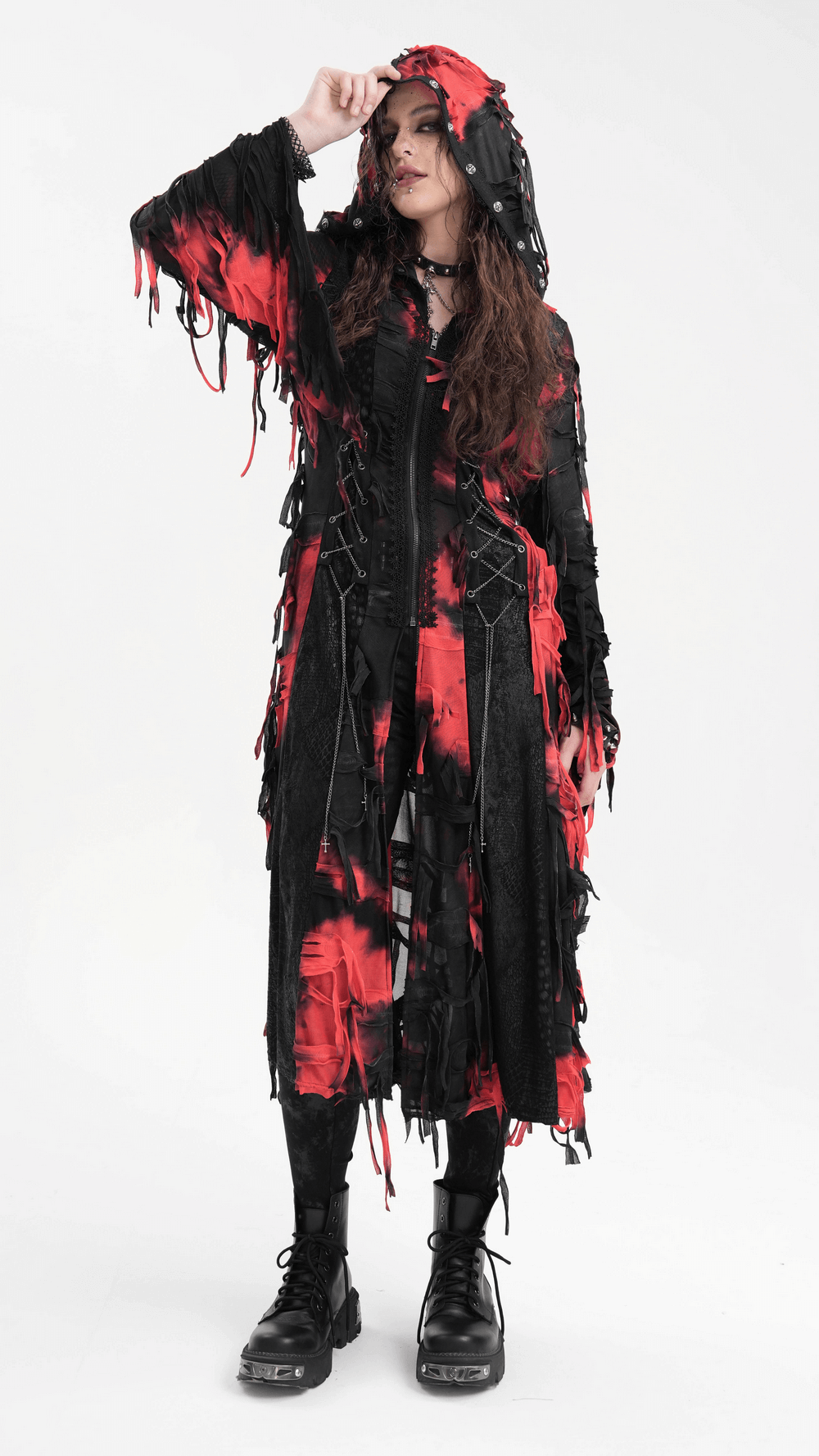 Gothic red and black hooded shredded long cape showcasing a dark alternative fashion style with distressed details.