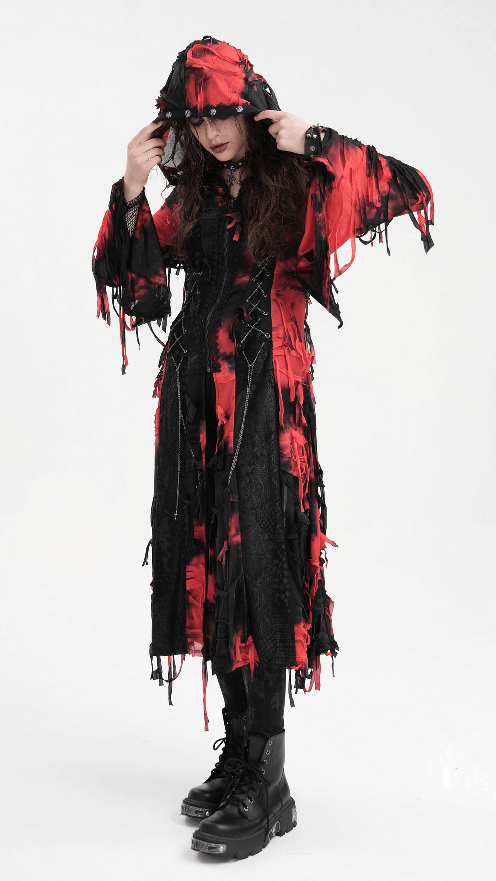 Model wearing a Gothic red and black hooded shredded cape, showcasing its dramatic layers and edgy design.