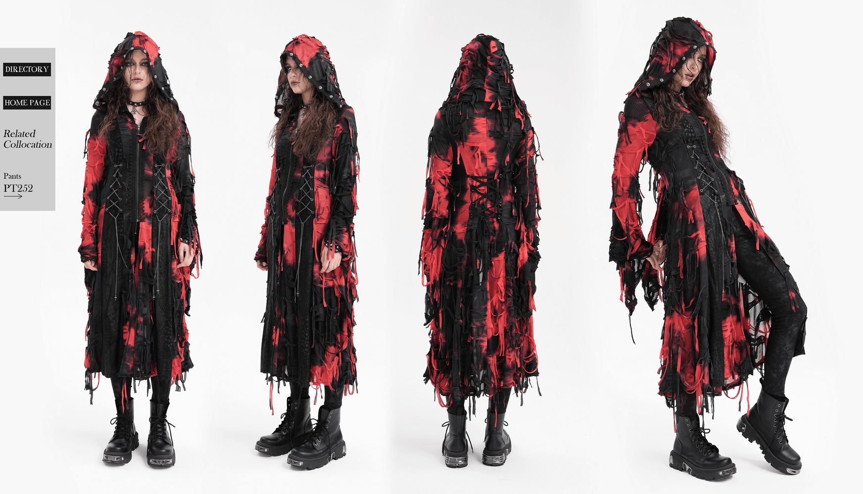 Gothic red and black hooded shredded long cape with tattered details, perfect for a bold dark alternative look.