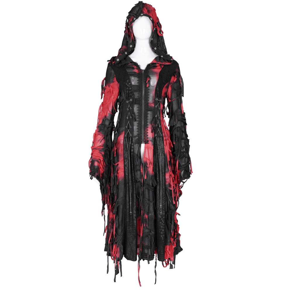 Gothic red and black hooded shredded long cape with distressed design and lace-up accents, perfect for dark fashion statements.