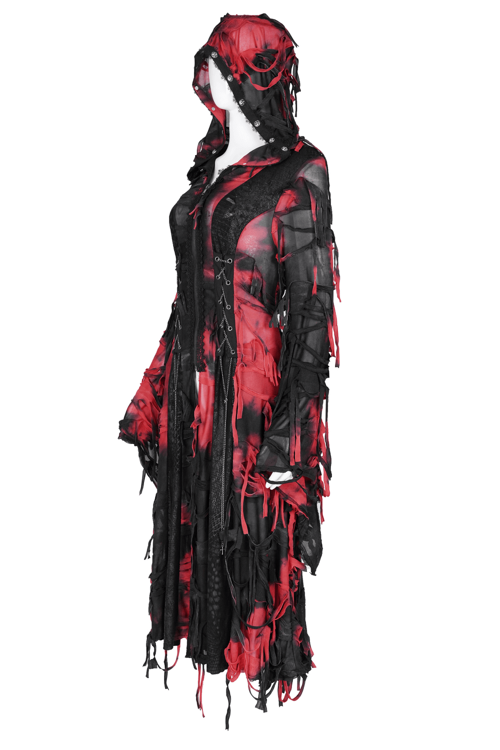 Gothic red and black hooded shredded long cape with tattered fabric for a dark, edgy style perfect for cosplay or festivals.