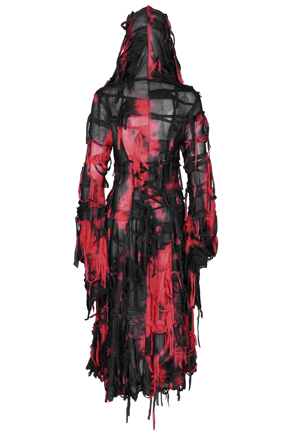 Gothic red and black hooded shredded long cape with tattered design from the back, perfect for dark alternative fashion.