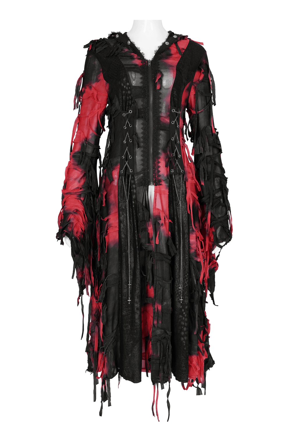 Gothic red and black hooded shredded long cape with lace-up accents and tattered fabric for a bold, dark look.