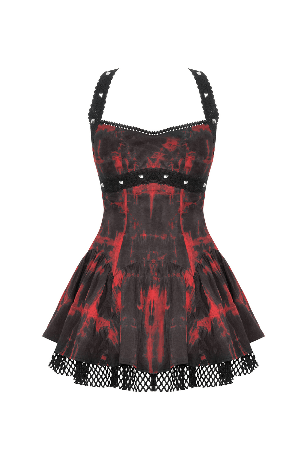 Gothic Red and Black Lace-Up Dress With Studded Detail