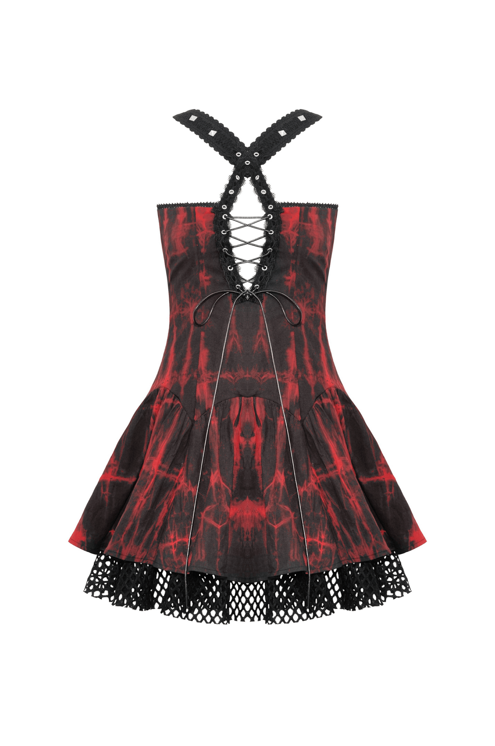 Gothic Red and Black Lace-Up Dress With Studded Detail