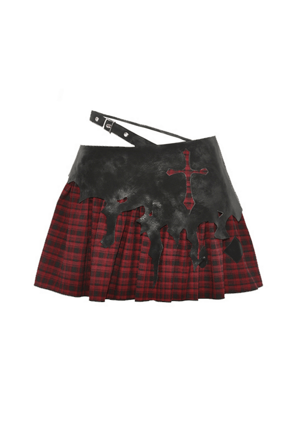 Gothic red and black plaid skirt with faux leather cross detail, perfect for punk rock fashion.