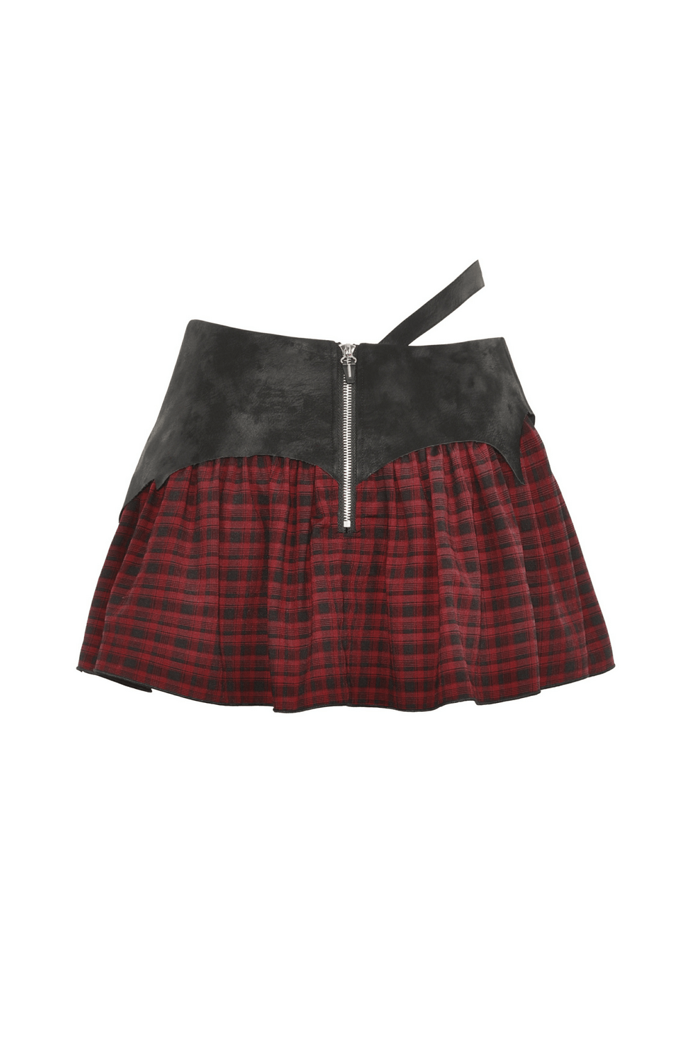 Gothic red and black plaid skirt with faux leather waistband and striking cross detail, perfect for punk rock fashion.