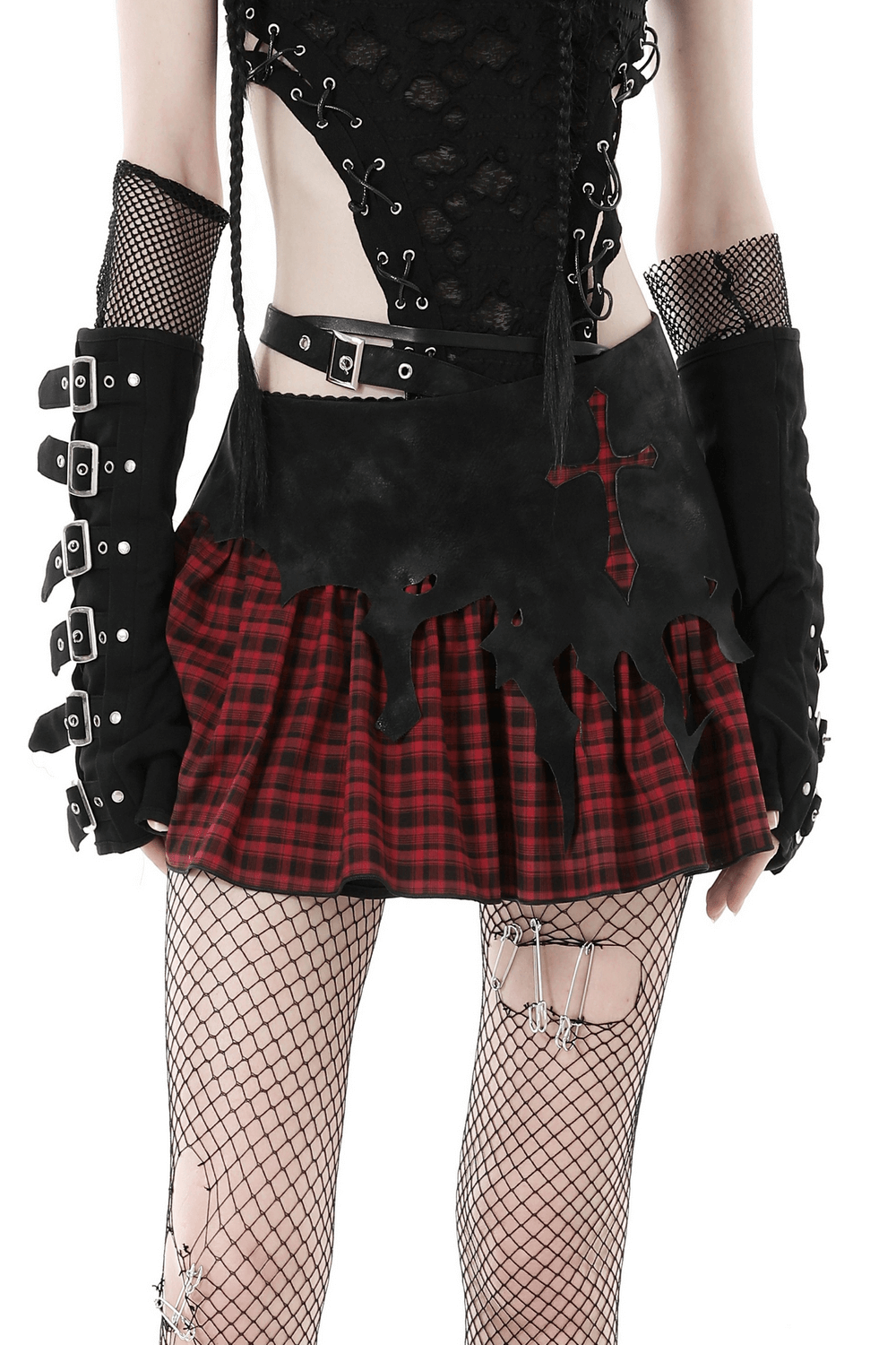 Edgy gothic red and black plaid skirt with faux leather, cross detail, and stylish combat look.