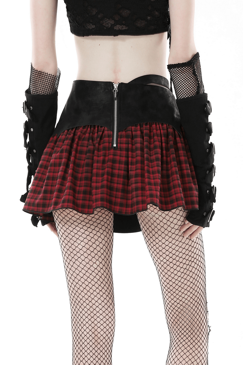 Gothic red and black plaid skirt with cross detail, featuring faux leather and edgy punk rock style.