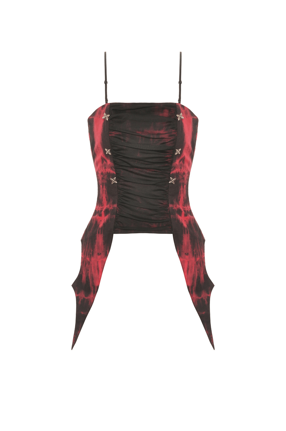 Gothic red and black frill spaghetti strap corset top with elegant ruching and edgy silhouette.