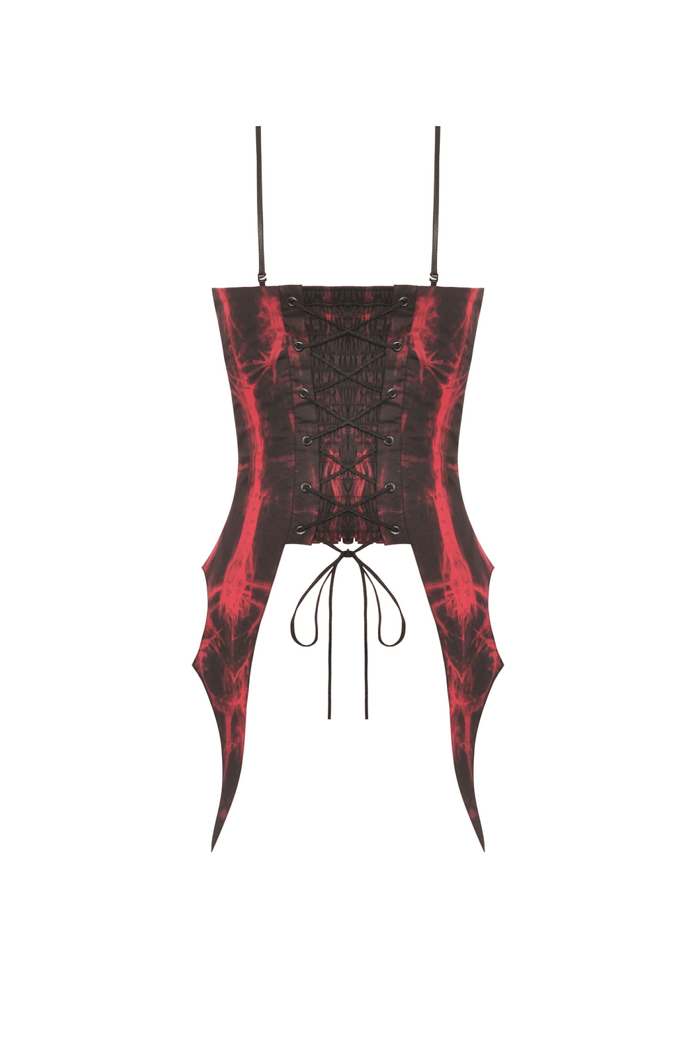 Gothic red and black frill corset top with lace-up design for edgy fashion.