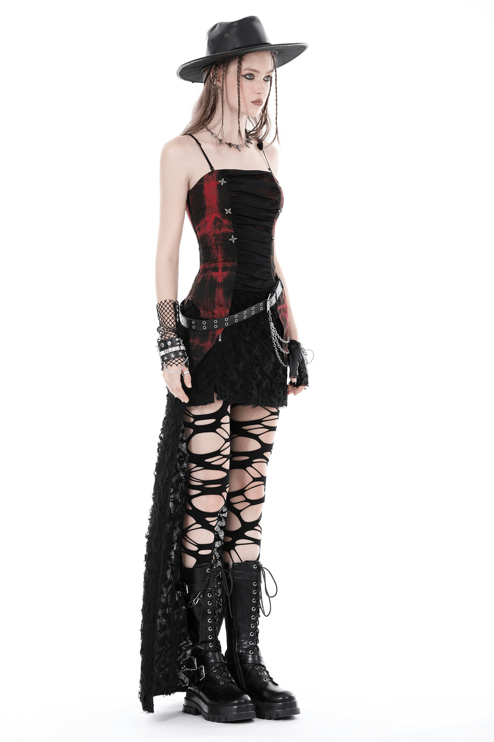 Gothic red and black corset with frills, paired with lace-up leggings and a stylish hat, perfect for edgy fashion.