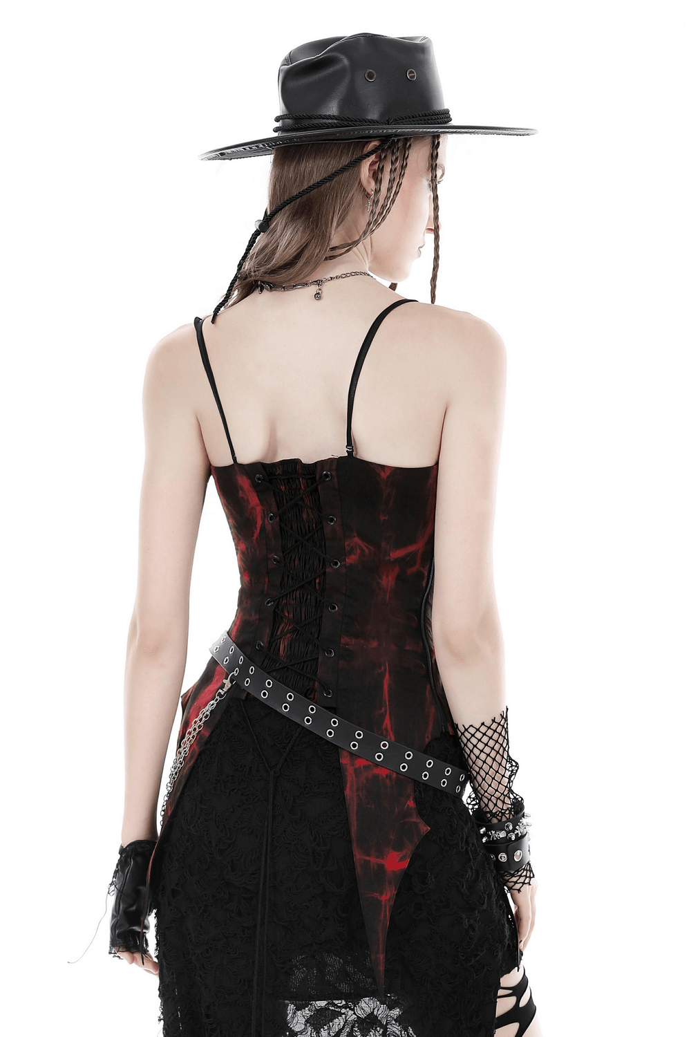 Back view of Gothic red and black frill corset with spaghetti straps, showcasing edgy style and unique design.