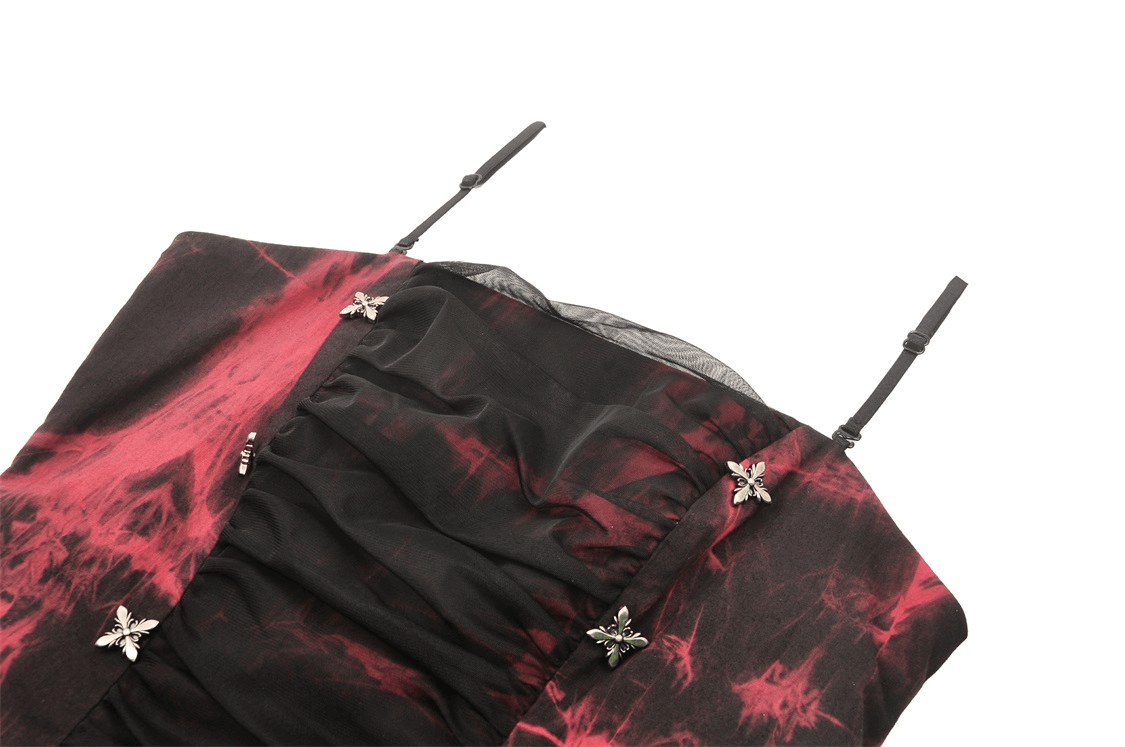 Gothic red and black frill corset top with elegant ruching and decorative embellishments, perfect for edgy style.