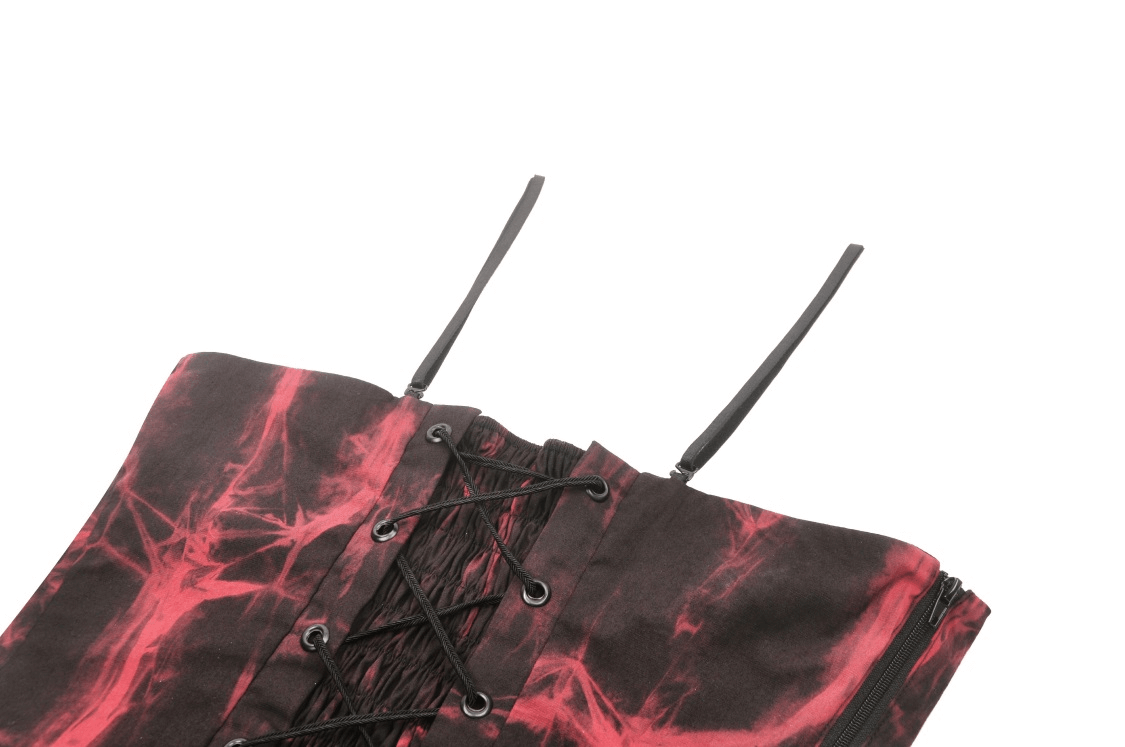 Close-up of Gothic red and black frill spaghetti strap corset with lace-up detail for a bold and edgy look.