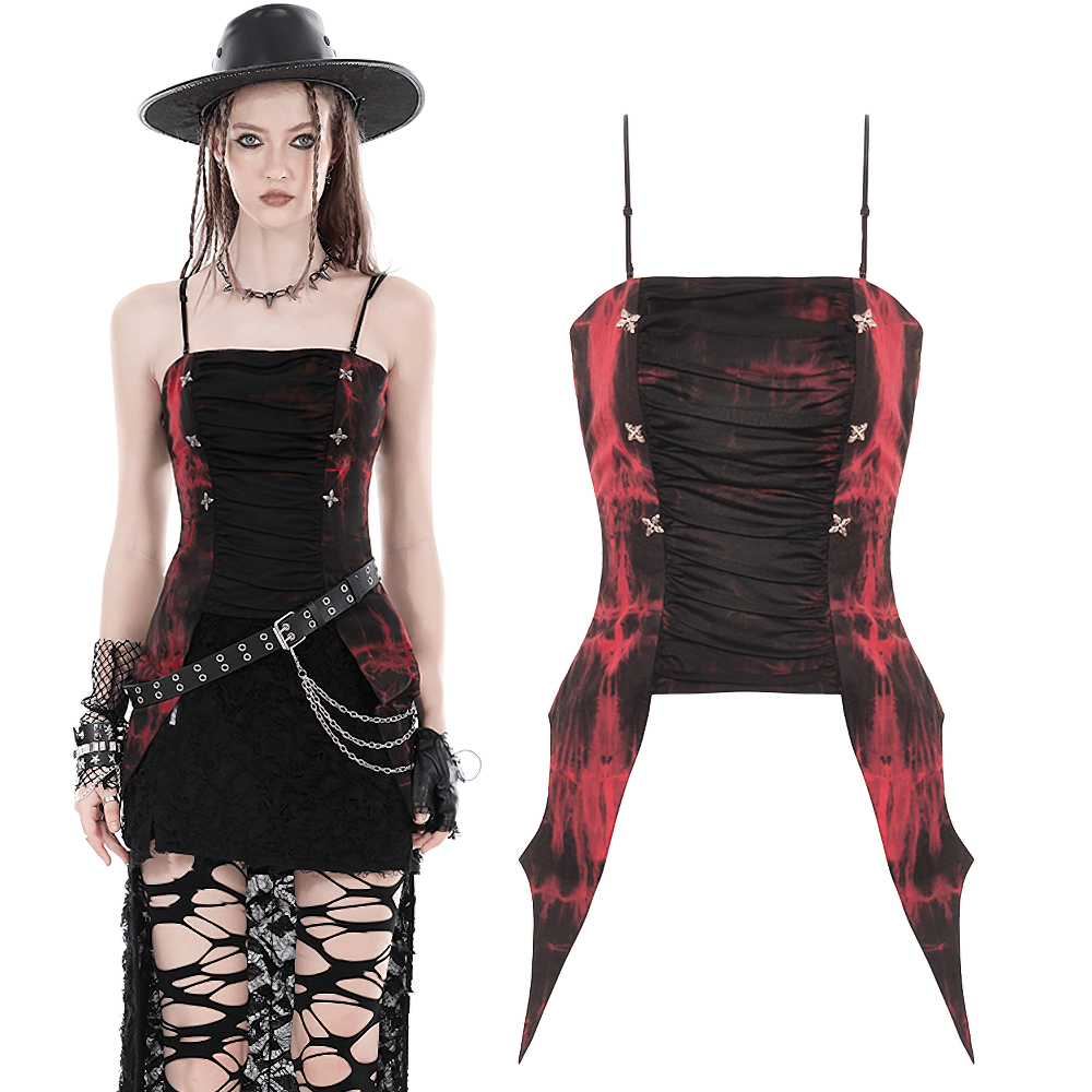 Gothic red and black frill spaghetti strap corset showcasing elegant ruching and edgy design for a rebellious look.