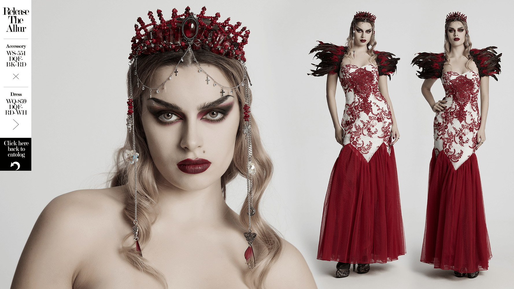 Gothic red crystal crown with silver tassels worn with elaborate red gown, showcasing a dramatic and elegant Gothic aesthetic.