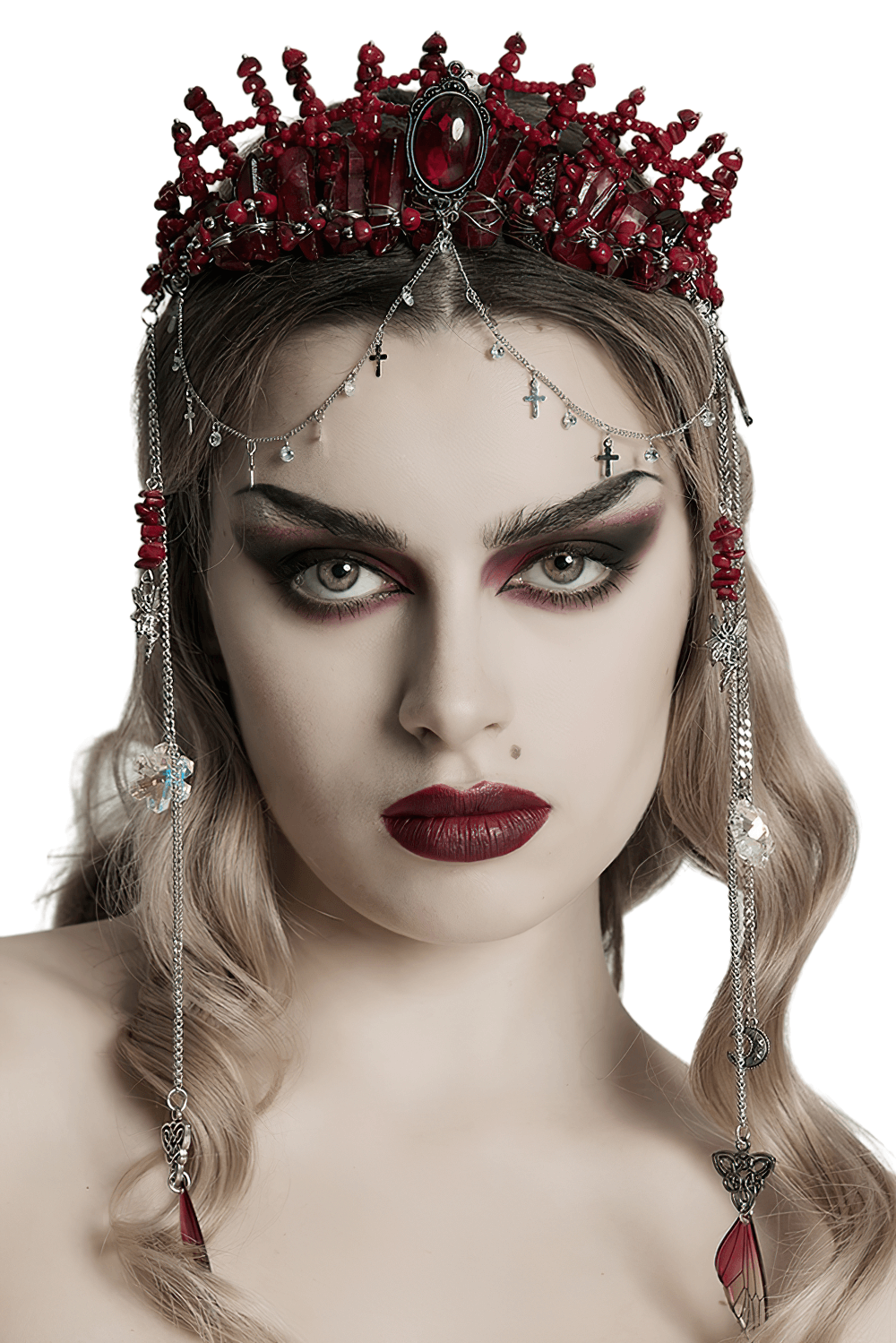 Gothic red crystal crown with silver cross tassels on elegant model for alternative fashion.