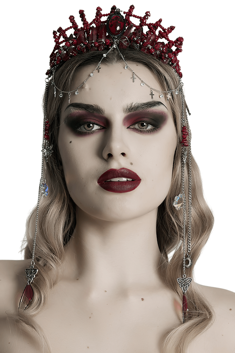 Gothic red crystal crown with silver cross tassels worn by a model, showcasing elegant and alluring alternative fashion.