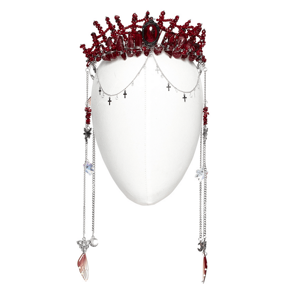 Gothic red crystal crown with silver cross tassels, featuring elegant chains and natural stones for a luxurious look.