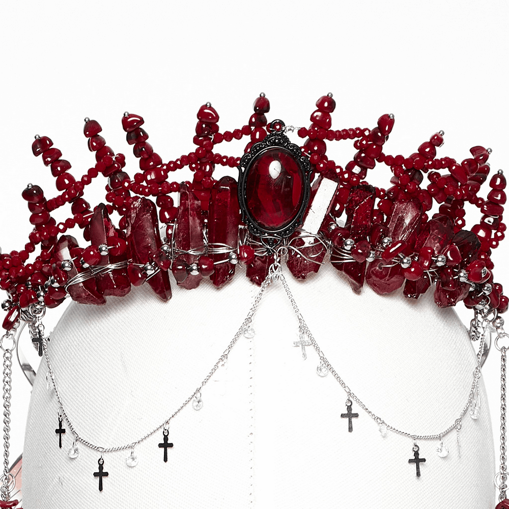Gothic red crystal crown with silver cross tassels, featuring natural stones and elegant chain detailing.