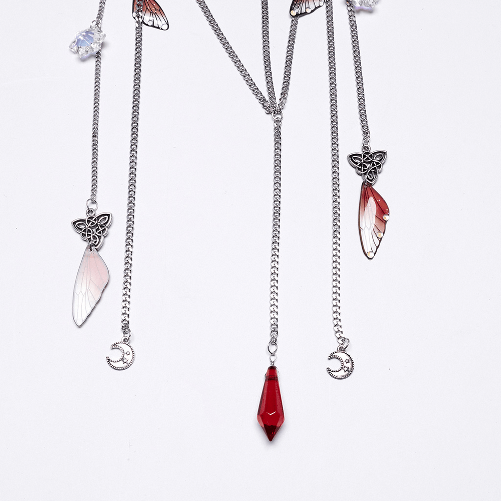 Elegant silver chain necklace with red crystal pendant and butterfly charms, perfect for Gothic and alternative fashion.