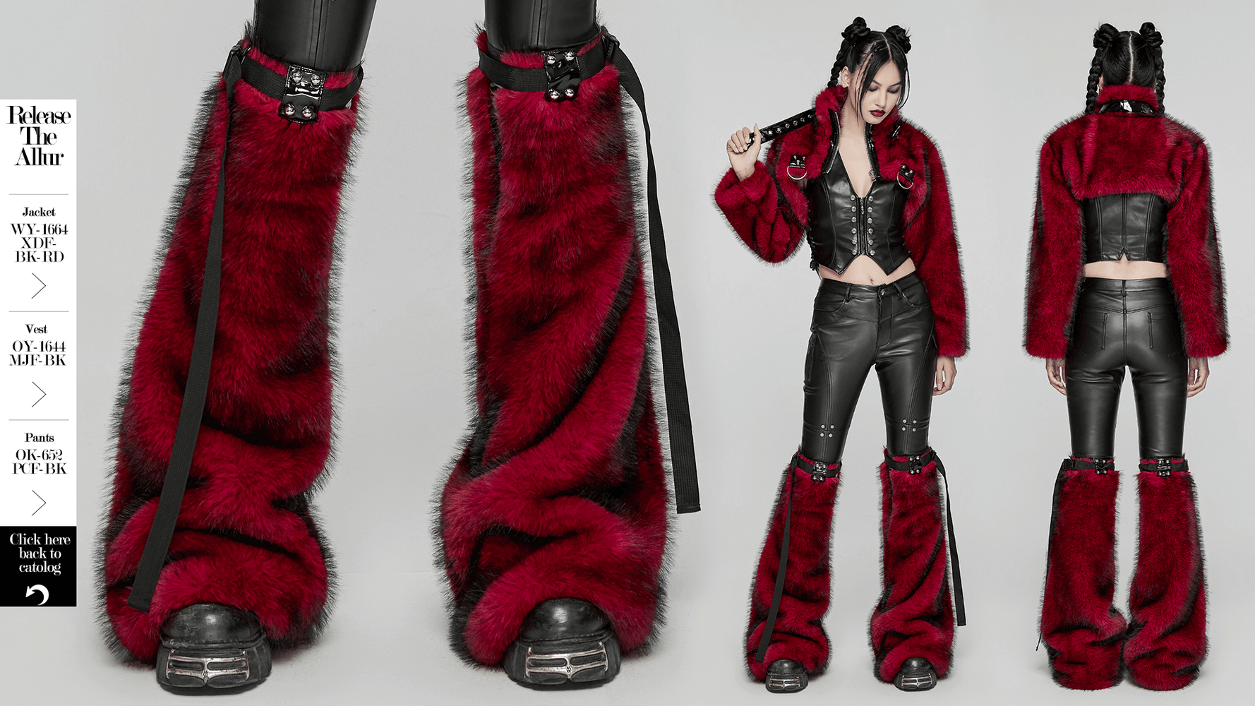 Gothic Red Faux Fur Leg Warmers with Patent Leather Rivets