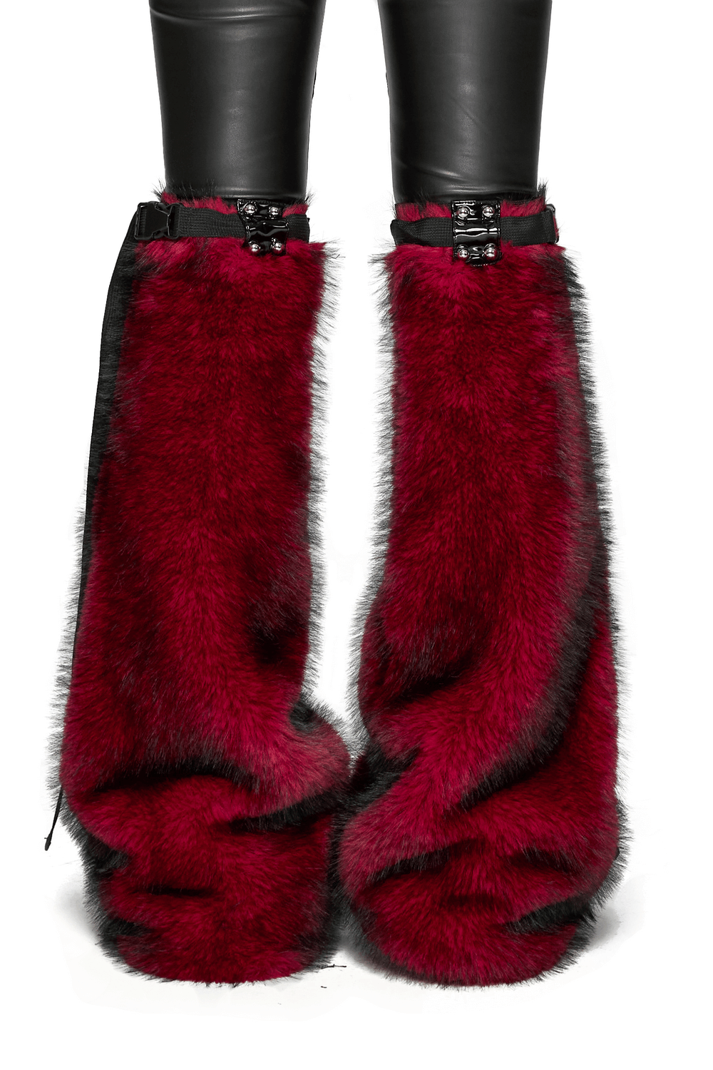 Gothic Red Faux Fur Leg Warmers with Patent Leather Rivets