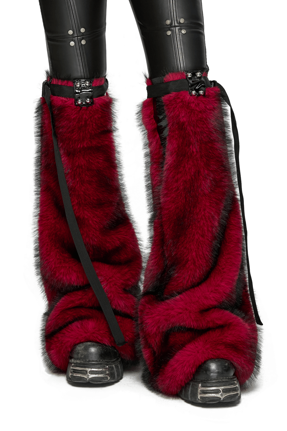 Gothic Red Faux Fur Leg Warmers with Patent Leather Rivets