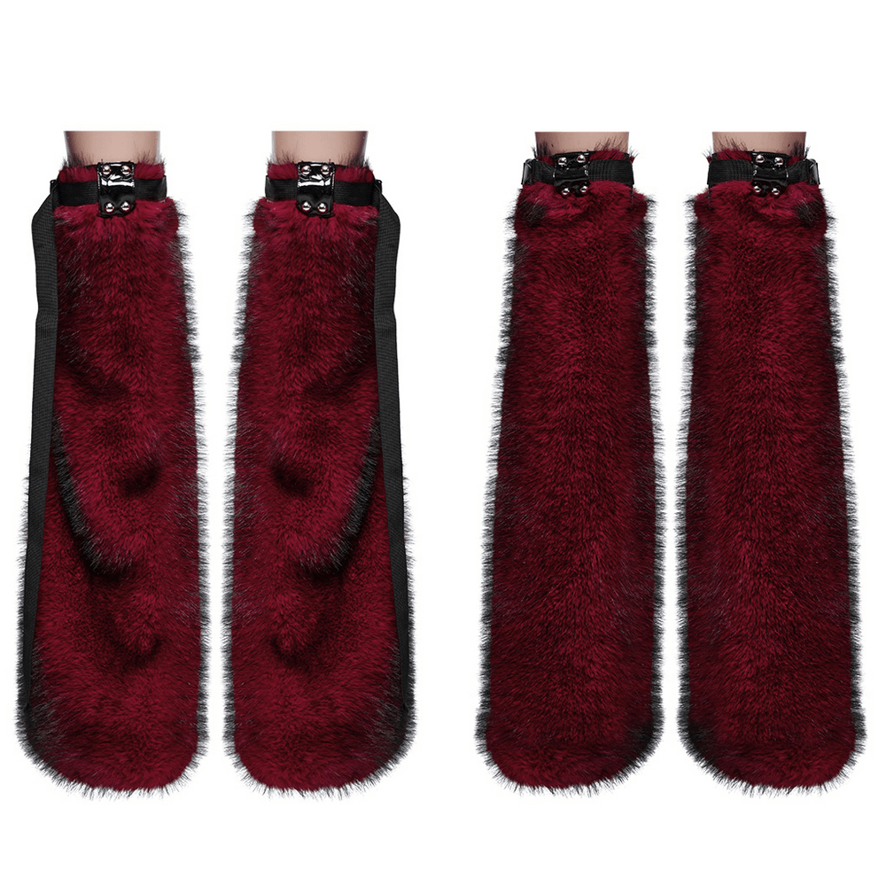 Gothic Red Faux Fur Leg Warmers with Patent Leather Rivets