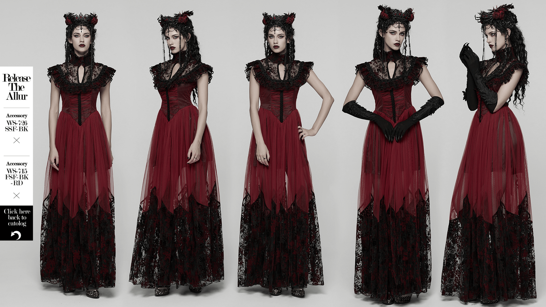 Gothic Red Lace and Mesh Flying Sleeve Maxi Dress showcasing elegant lace ruffles and flowing skirt.