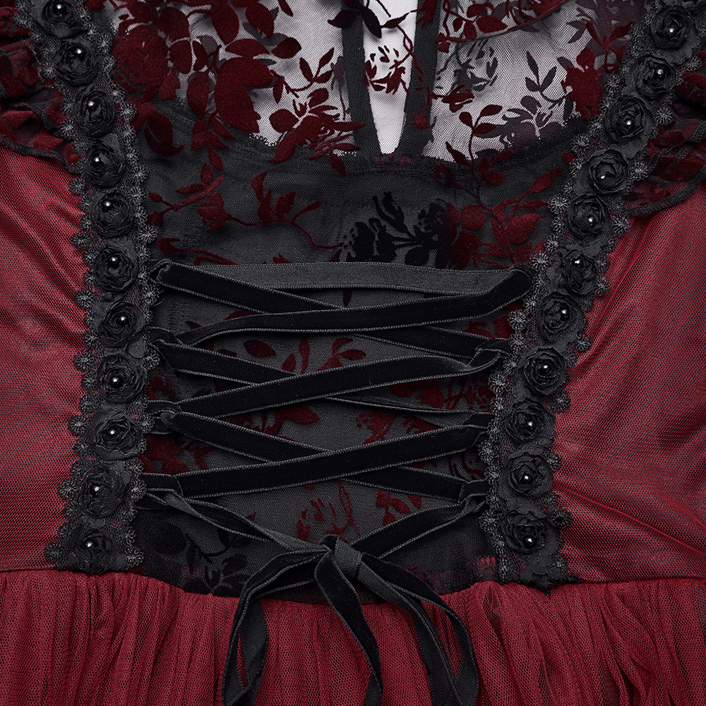 Close-up of Gothic Red Lace and Mesh Flying Sleeve Maxi Dress showcasing lace details and floral accents.