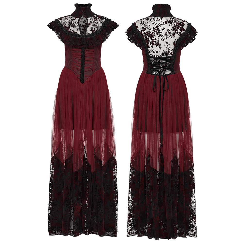 Gothic Red Lace and Mesh Flying Sleeve Maxi Dress featuring elegant lace ruffles and flowing skirt from front and back views.
